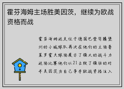 霍芬海姆主场胜美因茨，继续为欧战资格而战